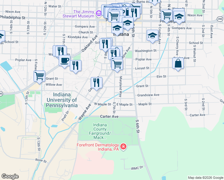map of restaurants, bars, coffee shops, grocery stores, and more near 510 South 7th Street in Indiana