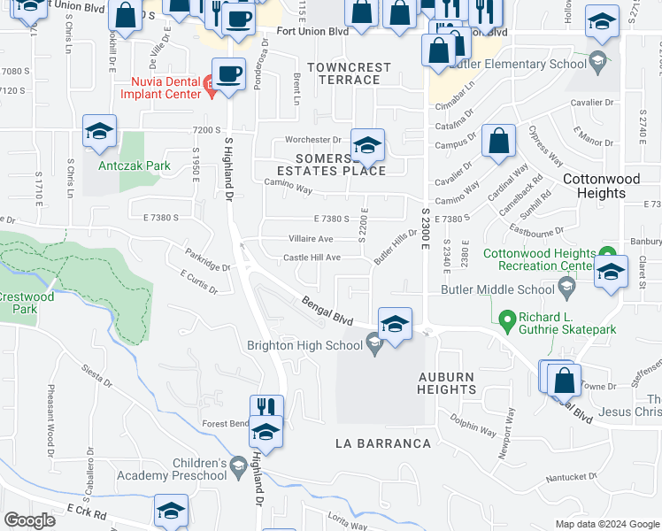 map of restaurants, bars, coffee shops, grocery stores, and more near 2154 Castle Hill Avenue in Salt Lake City