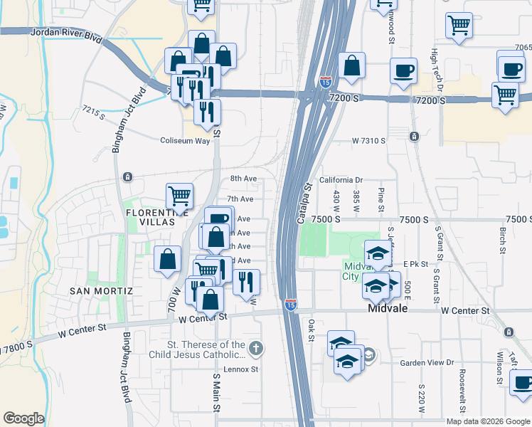 map of restaurants, bars, coffee shops, grocery stores, and more near 7474 North 125 East in Midvale