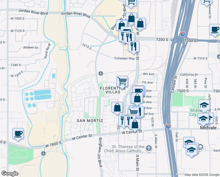 map of restaurants, bars, coffee shops, grocery stores, and more near 7482 Siena Vista Lane in Midvale
