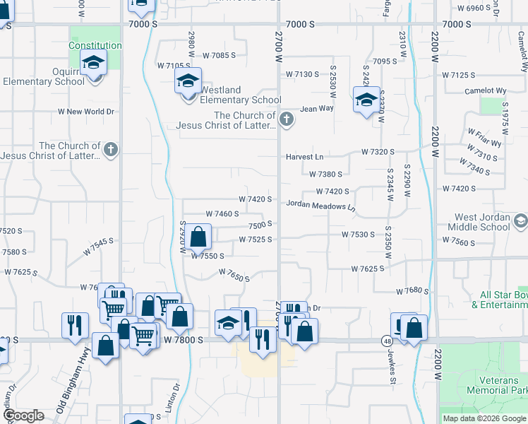map of restaurants, bars, coffee shops, grocery stores, and more near 2730 West 7460 South in West Jordan