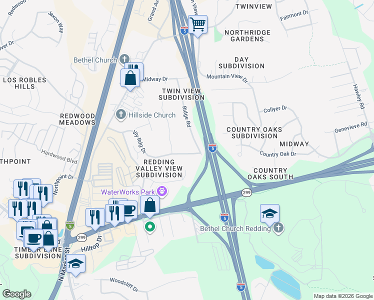 map of restaurants, bars, coffee shops, grocery stores, and more near 5414 Valleyridge Drive in Redding