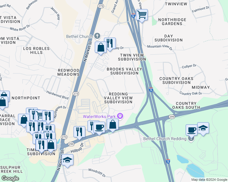 map of restaurants, bars, coffee shops, grocery stores, and more near 5334 Valleyridge Drive in Redding