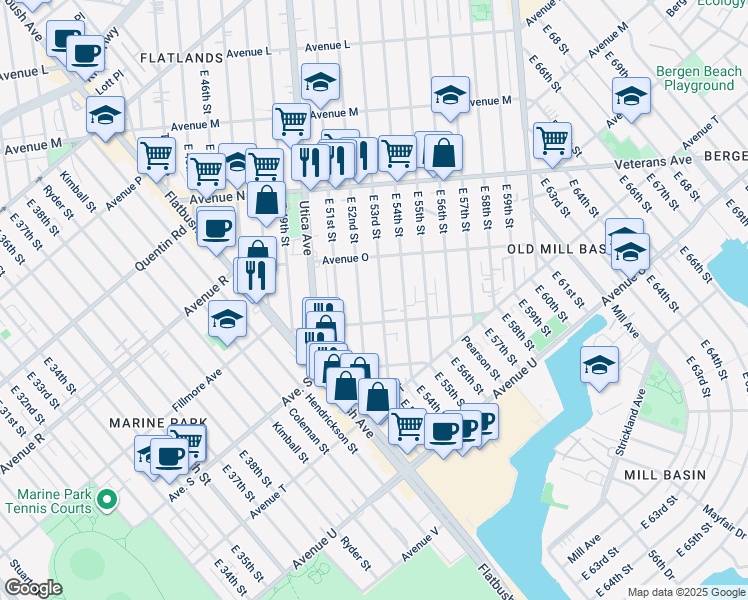 map of restaurants, bars, coffee shops, grocery stores, and more near 1799 East 52nd Street in Brooklyn