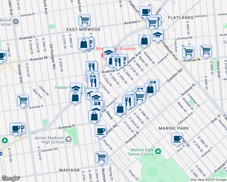 map of restaurants, bars, coffee shops, grocery stores, and more near 1563 East 33rd Street in Brooklyn