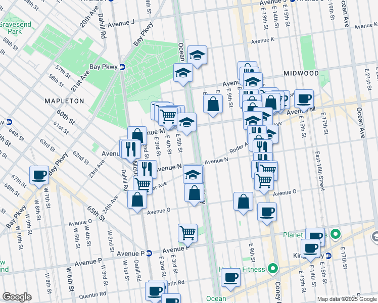 map of restaurants, bars, coffee shops, grocery stores, and more near 1360 Ocean Parkway in Brooklyn