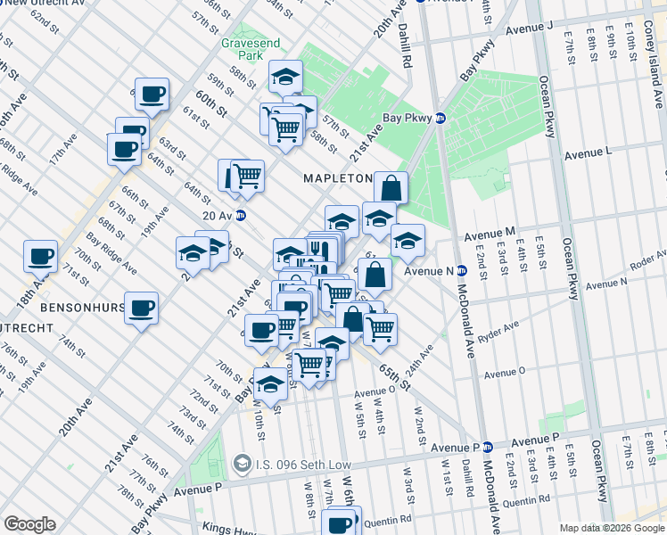 map of restaurants, bars, coffee shops, grocery stores, and more near 6206 Bay Parkway in Brooklyn