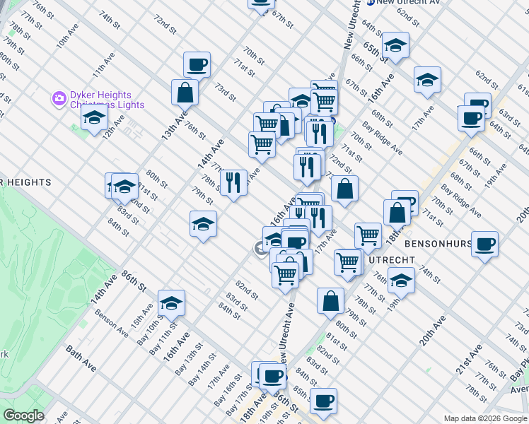 map of restaurants, bars, coffee shops, grocery stores, and more near 1567 77th Street in Brooklyn