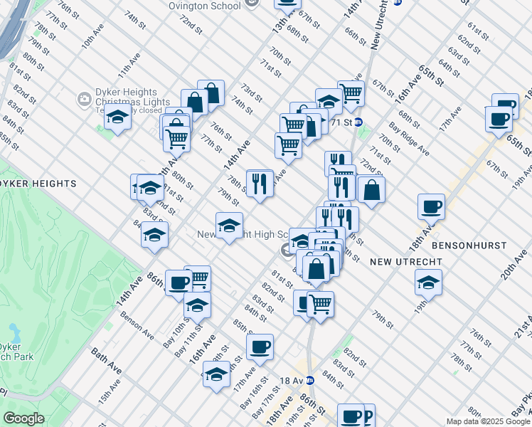 map of restaurants, bars, coffee shops, grocery stores, and more near 1527 78th Street in Brooklyn