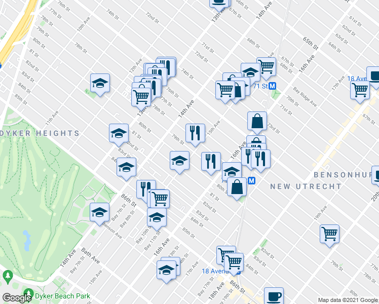 map of restaurants, bars, coffee shops, grocery stores, and more near 7824 15th Avenue in Brooklyn