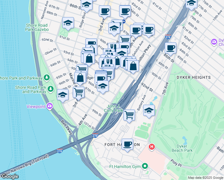 map of restaurants, bars, coffee shops, grocery stores, and more near 544B 94th Street in Brooklyn