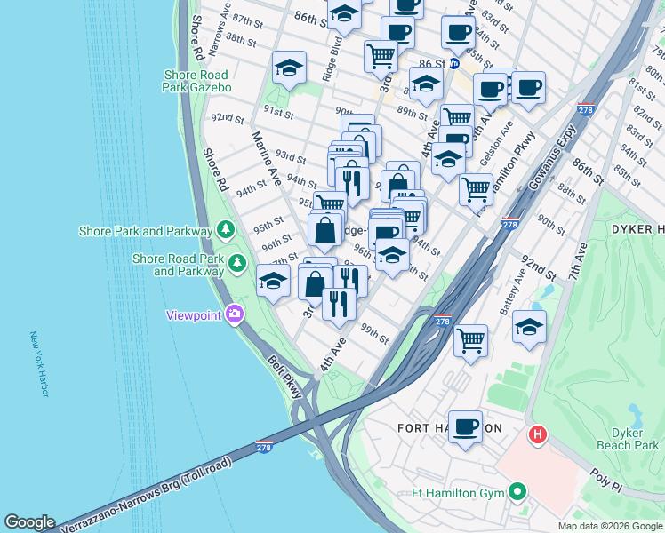 map of restaurants, bars, coffee shops, grocery stores, and more near 9701 3rd Avenue in Brooklyn