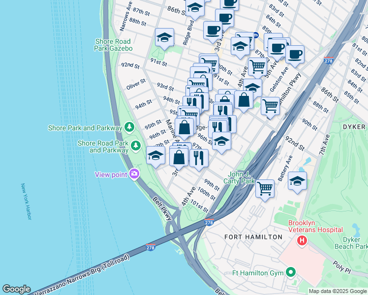 map of restaurants, bars, coffee shops, grocery stores, and more near 9701 3rd Avenue in Brooklyn