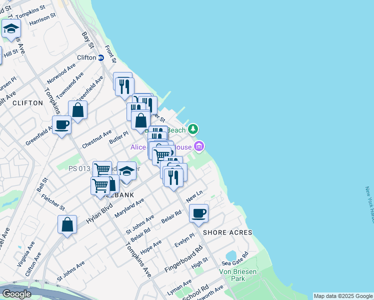 map of restaurants, bars, coffee shops, grocery stores, and more near 13 Hylan Boulevard in Staten Island