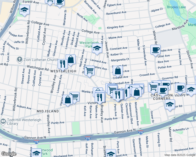 map of restaurants, bars, coffee shops, grocery stores, and more near 52 Markham Place in Staten Island