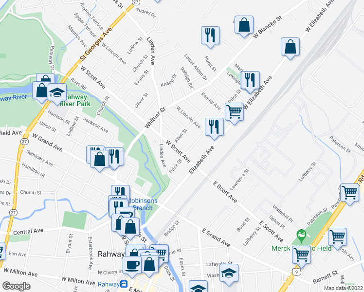 map of restaurants, bars, coffee shops, grocery stores, and more near 2088 Price Street in Rahway