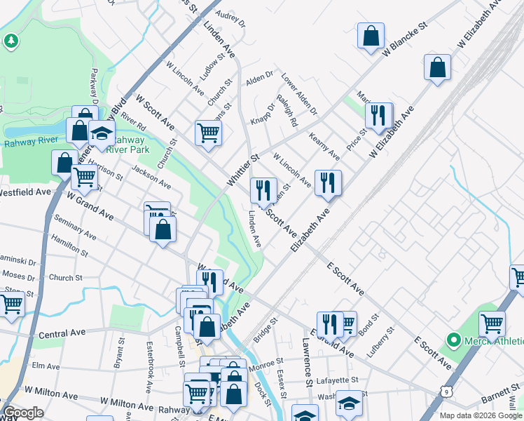 map of restaurants, bars, coffee shops, grocery stores, and more near 244 West Scott Avenue in Rahway