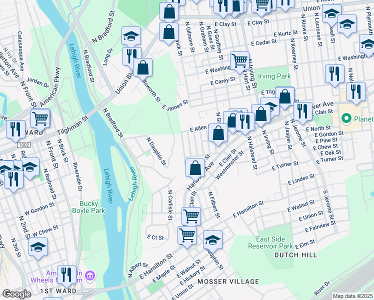 map of restaurants, bars, coffee shops, grocery stores, and more near 425 North Filbert Street in Allentown