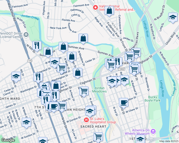 map of restaurants, bars, coffee shops, grocery stores, and more near 751 North Meadow Street in Allentown