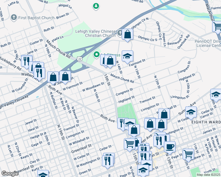 map of restaurants, bars, coffee shops, grocery stores, and more near 1204 North 15th Street in Allentown