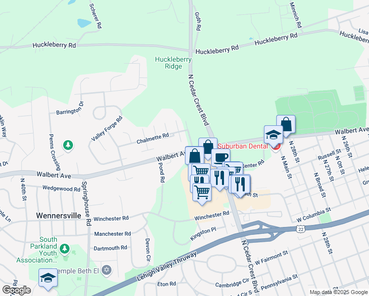 map of restaurants, bars, coffee shops, grocery stores, and more near 1602 Shenandoah Court in Allentown