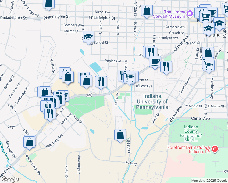 map of restaurants, bars, coffee shops, grocery stores, and more near 1350 Oakland Avenue in Indiana