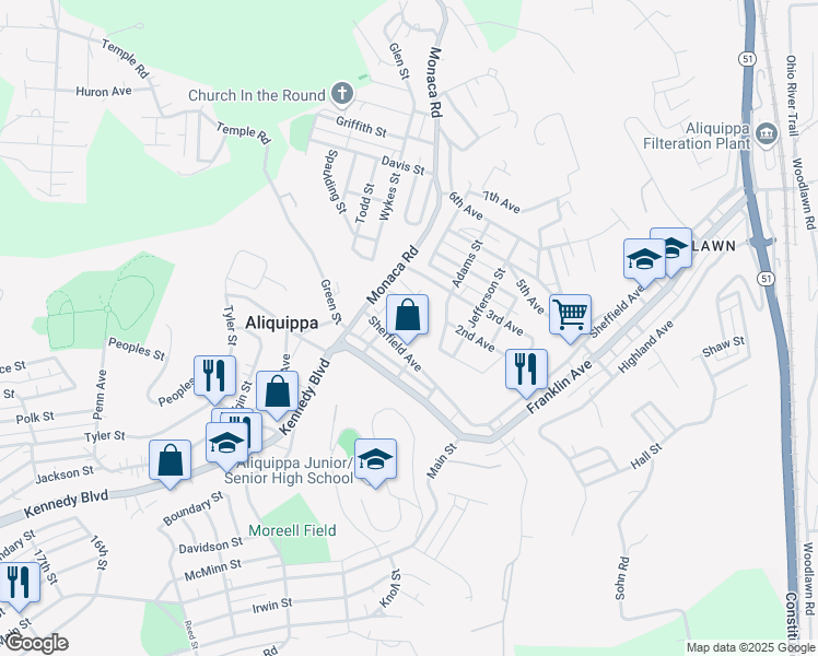 map of restaurants, bars, coffee shops, grocery stores, and more near 128 Orchard Street in Aliquippa