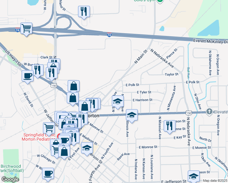 map of restaurants, bars, coffee shops, grocery stores, and more near 208 East Tyler Street in Morton