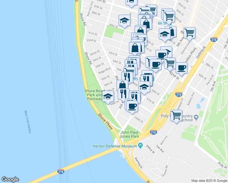 map of restaurants, bars, coffee shops, grocery stores, and more near 144 97th Street in Brooklyn