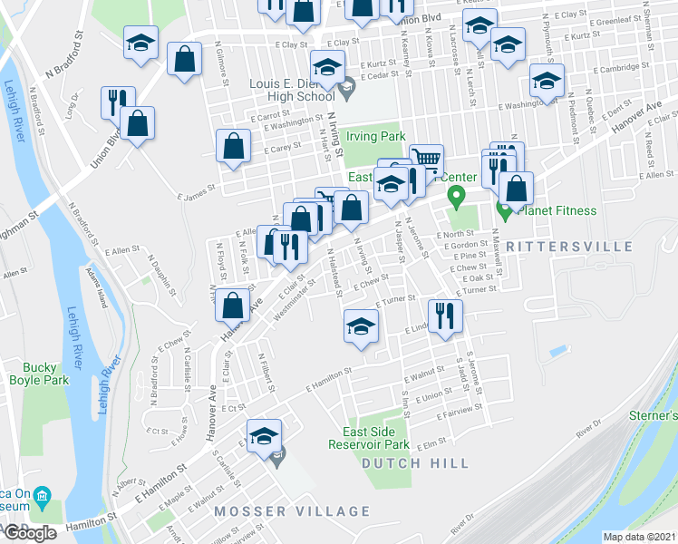 map of restaurants, bars, coffee shops, grocery stores, and more near 325 North Halstead Street in Allentown