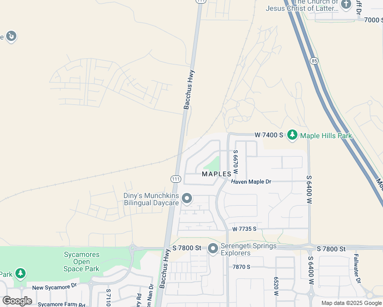 map of restaurants, bars, coffee shops, grocery stores, and more near 7474 South Sunset Maple Drive in West Jordan