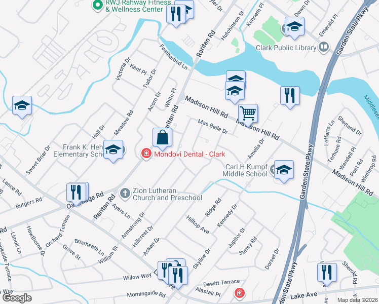 map of restaurants, bars, coffee shops, grocery stores, and more near 35 Sandalwood Drive in Clark