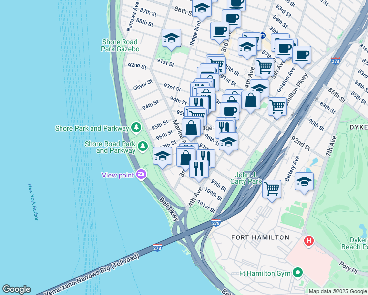 map of restaurants, bars, coffee shops, grocery stores, and more near 194 Marine Avenue in Brooklyn