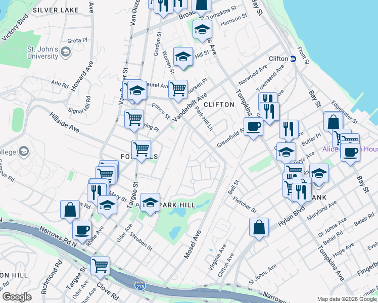 map of restaurants, bars, coffee shops, grocery stores, and more near 20 Long Pond Lane in Staten Island