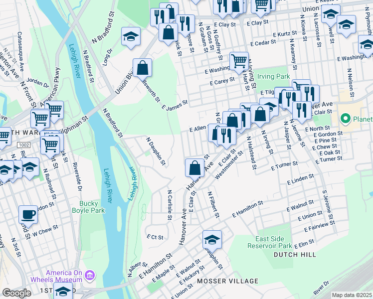 map of restaurants, bars, coffee shops, grocery stores, and more near 425 North Filbert Street in Allentown
