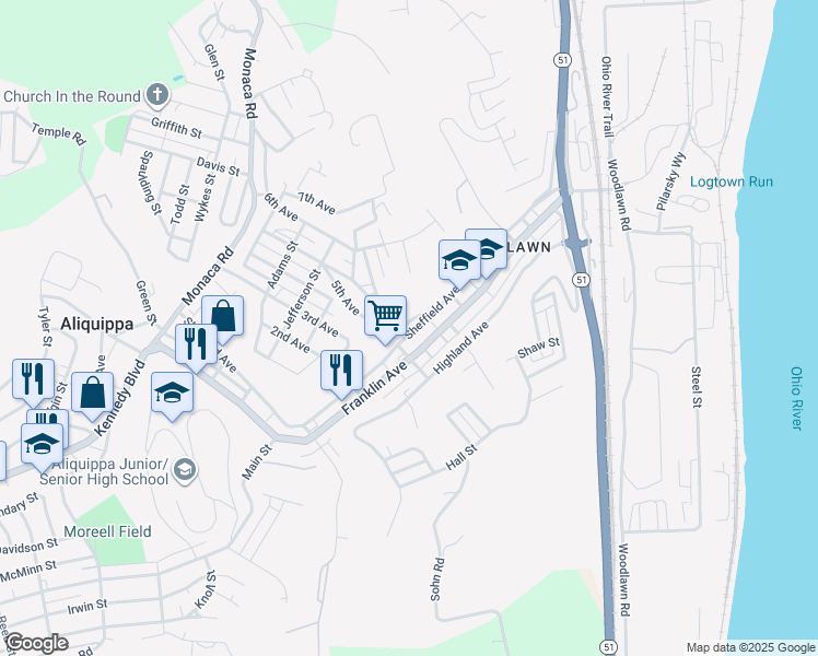 map of restaurants, bars, coffee shops, grocery stores, and more near 542 Sheffield Avenue in Aliquippa