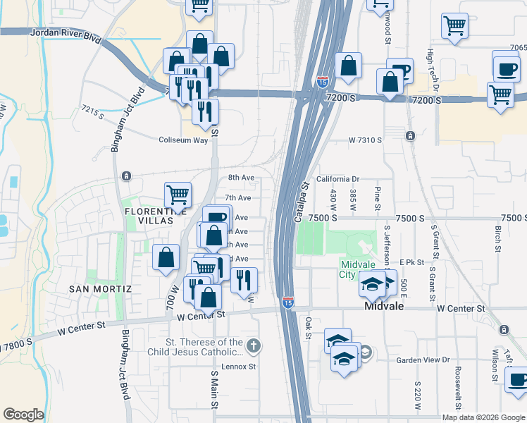map of restaurants, bars, coffee shops, grocery stores, and more near 7493 South Rio Grande Street in Midvale