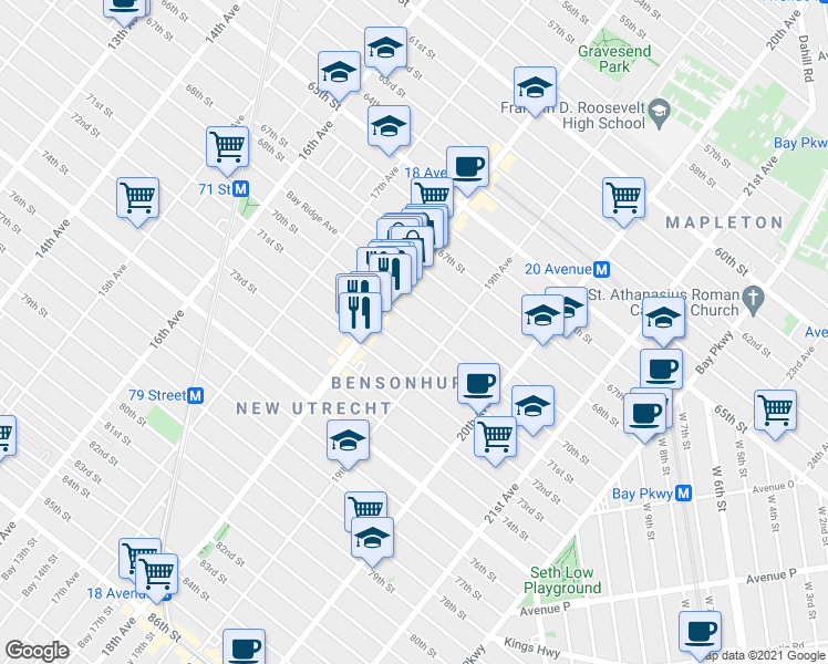 map of restaurants, bars, coffee shops, grocery stores, and more near 1848 70th Street in Brooklyn