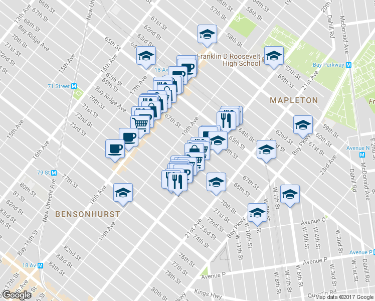 map of restaurants, bars, coffee shops, grocery stores, and more near 1934 68th Street in Brooklyn
