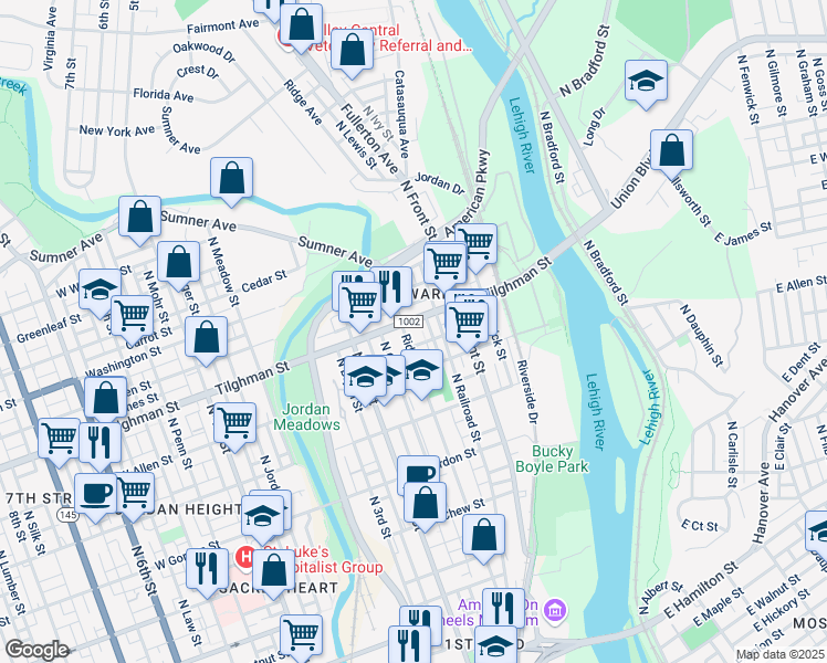 map of restaurants, bars, coffee shops, grocery stores, and more near 643 Ridge Avenue in Allentown