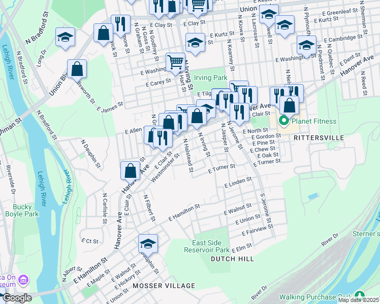 map of restaurants, bars, coffee shops, grocery stores, and more near 325 North Halstead Street in Allentown