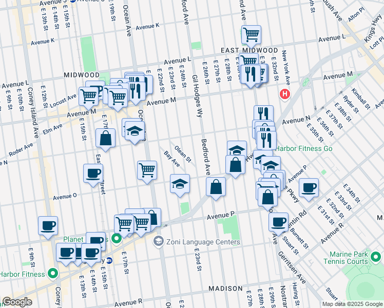 map of restaurants, bars, coffee shops, grocery stores, and more near 3556 Bedford Avenue in Brooklyn