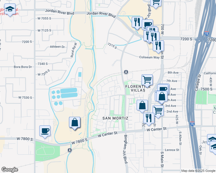 map of restaurants, bars, coffee shops, grocery stores, and more near 1004 Tuscany View Road in Midvale