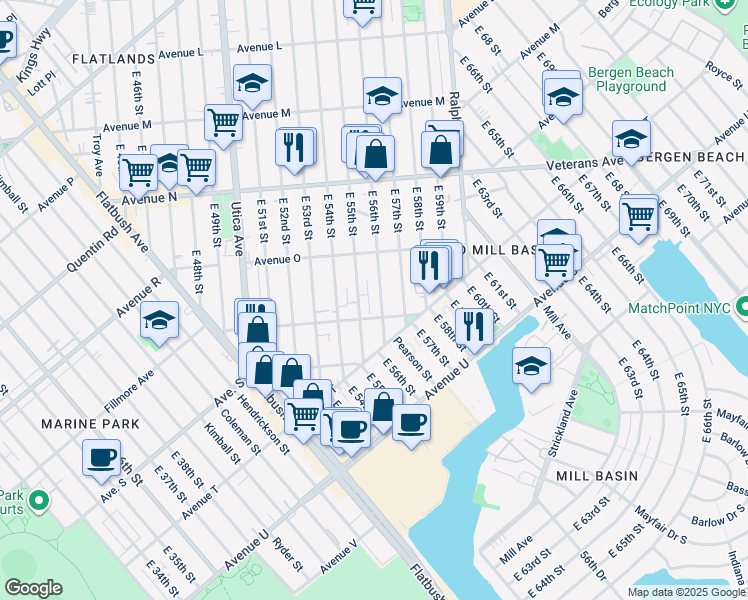 map of restaurants, bars, coffee shops, grocery stores, and more near 1685 East 55th Street in Brooklyn