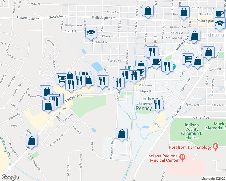 map of restaurants, bars, coffee shops, grocery stores, and more near 1350 Oakland Avenue in Indiana