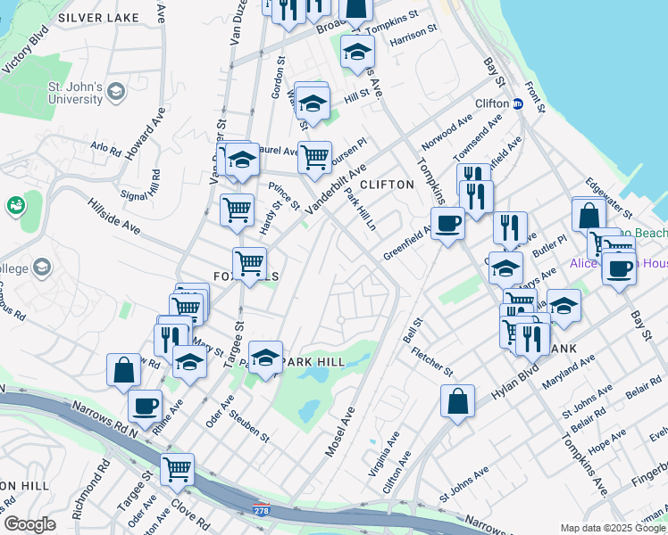 map of restaurants, bars, coffee shops, grocery stores, and more near 20 Long Pond Lane in Staten Island
