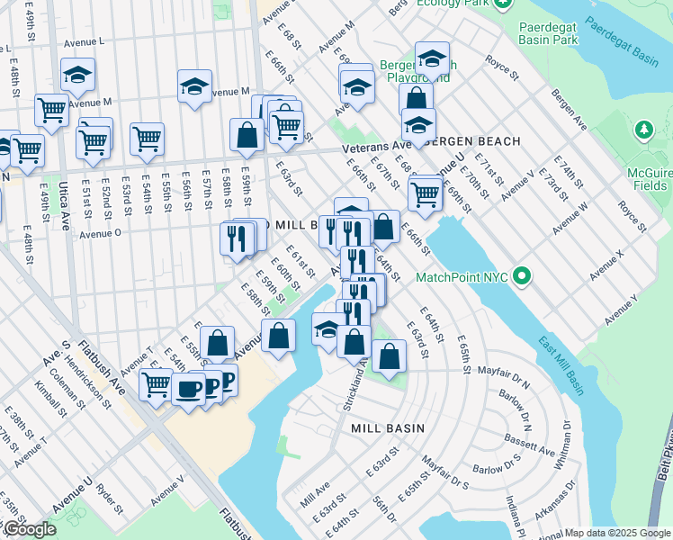 map of restaurants, bars, coffee shops, grocery stores, and more near Avenue U & Mill Avenue in Brooklyn