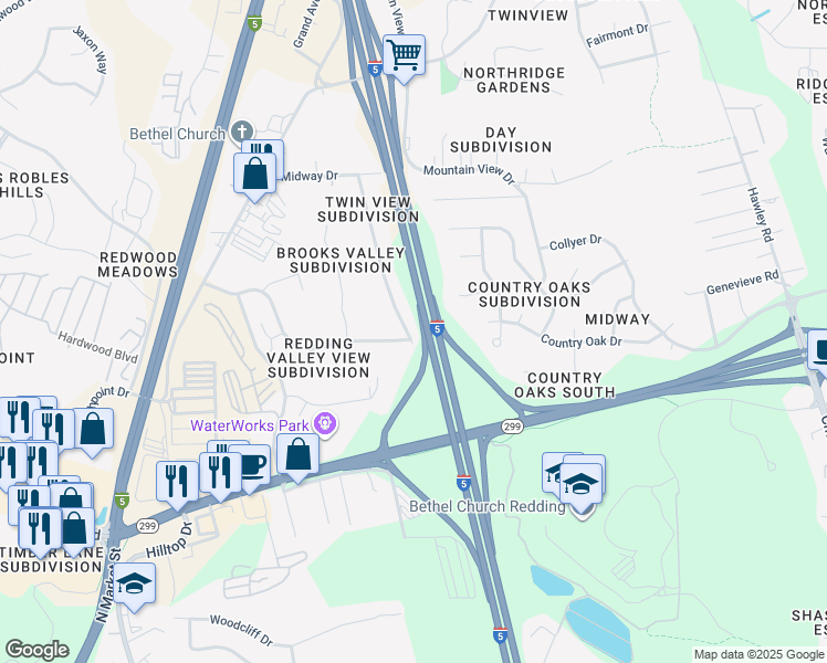 map of restaurants, bars, coffee shops, grocery stores, and more near 555 Ridge Road in Redding