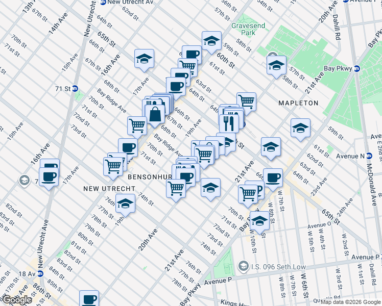 map of restaurants, bars, coffee shops, grocery stores, and more near 1934 68th Street in Brooklyn
