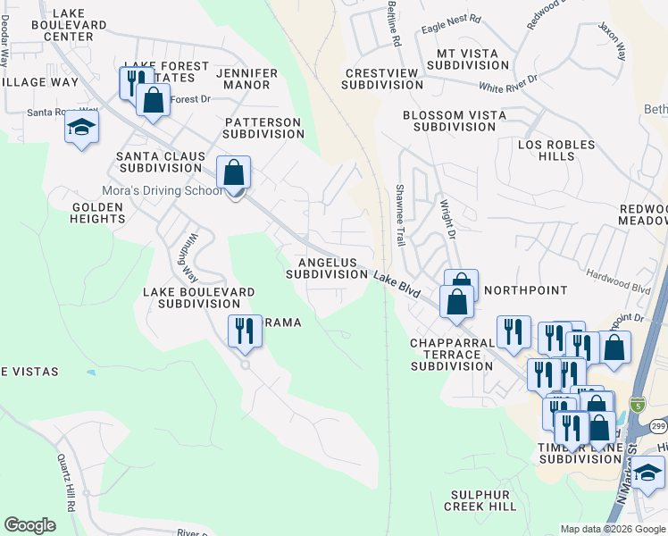 map of restaurants, bars, coffee shops, grocery stores, and more near 4106 Easter Avenue in Redding